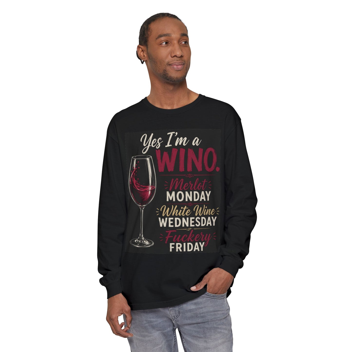 Wine Lover Long Sleeve Tee – “Yes I'm a Wino” Wine Glass Graphic